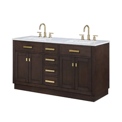 Water Creation Chestnut 60" Double Sink Carrara White Marble Countertop Vanity with Gooseneck Faucets and Mirrors - Luxe Bathroom Vanities