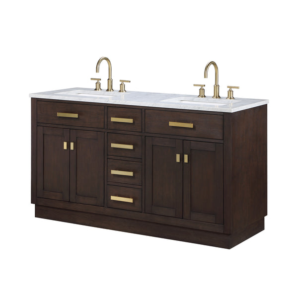 Water Creation Chestnut 60" Double Sink Carrara White Marble Countertop Vanity with Gooseneck Faucets and Mirrors - Luxe Bathroom Vanities