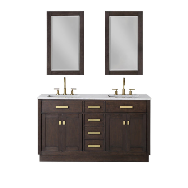 Water Creation Chestnut 60" Double Sink Carrara White Marble Countertop Vanity with Gooseneck Faucets and Mirrors - Luxe Bathroom Vanities