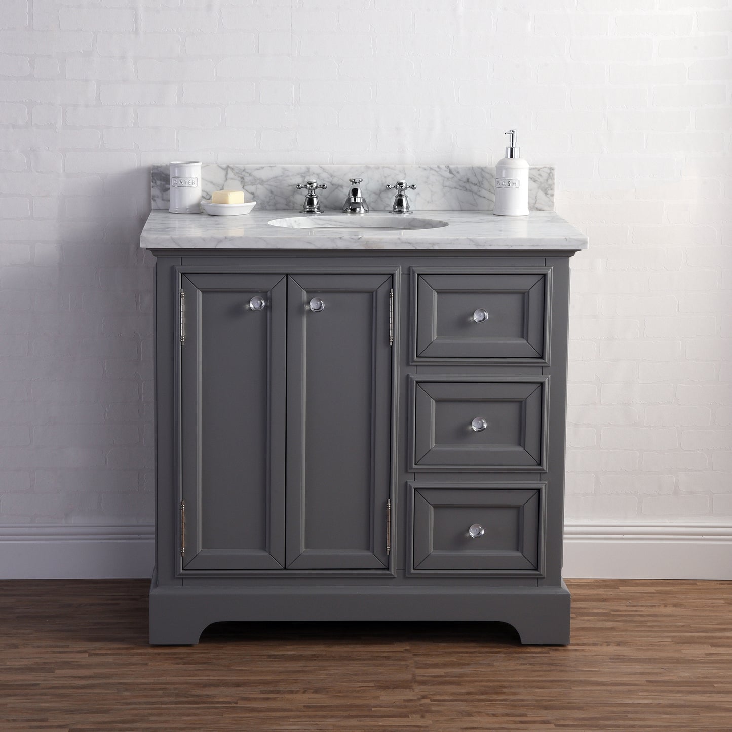 Water Creation 36 Inch Wide Single Sink Carrara Marble Bathroom Vanity With Faucets From The Derby Collection - Luxe Bathroom Vanities