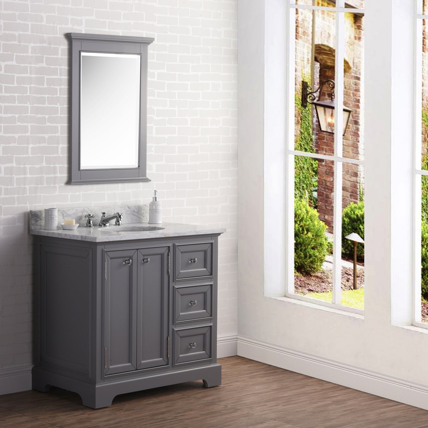 Water Creation 36 Inch Wide Single Sink Carrara Marble Bathroom Vanity With Matching Mirror And Faucet(s) From The Derby Collection - Luxe Bathroom Vanities