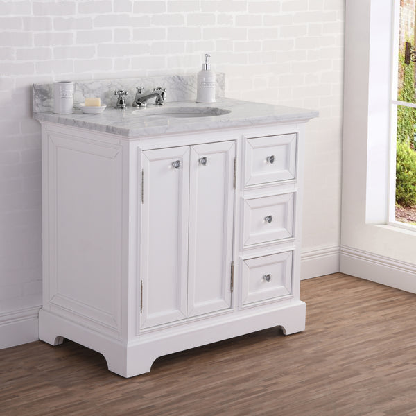 Water Creation 36 Inch Wide Single Sink Carrara Marble Bathroom Vanity With Faucets From The Derby Collection - Luxe Bathroom Vanities