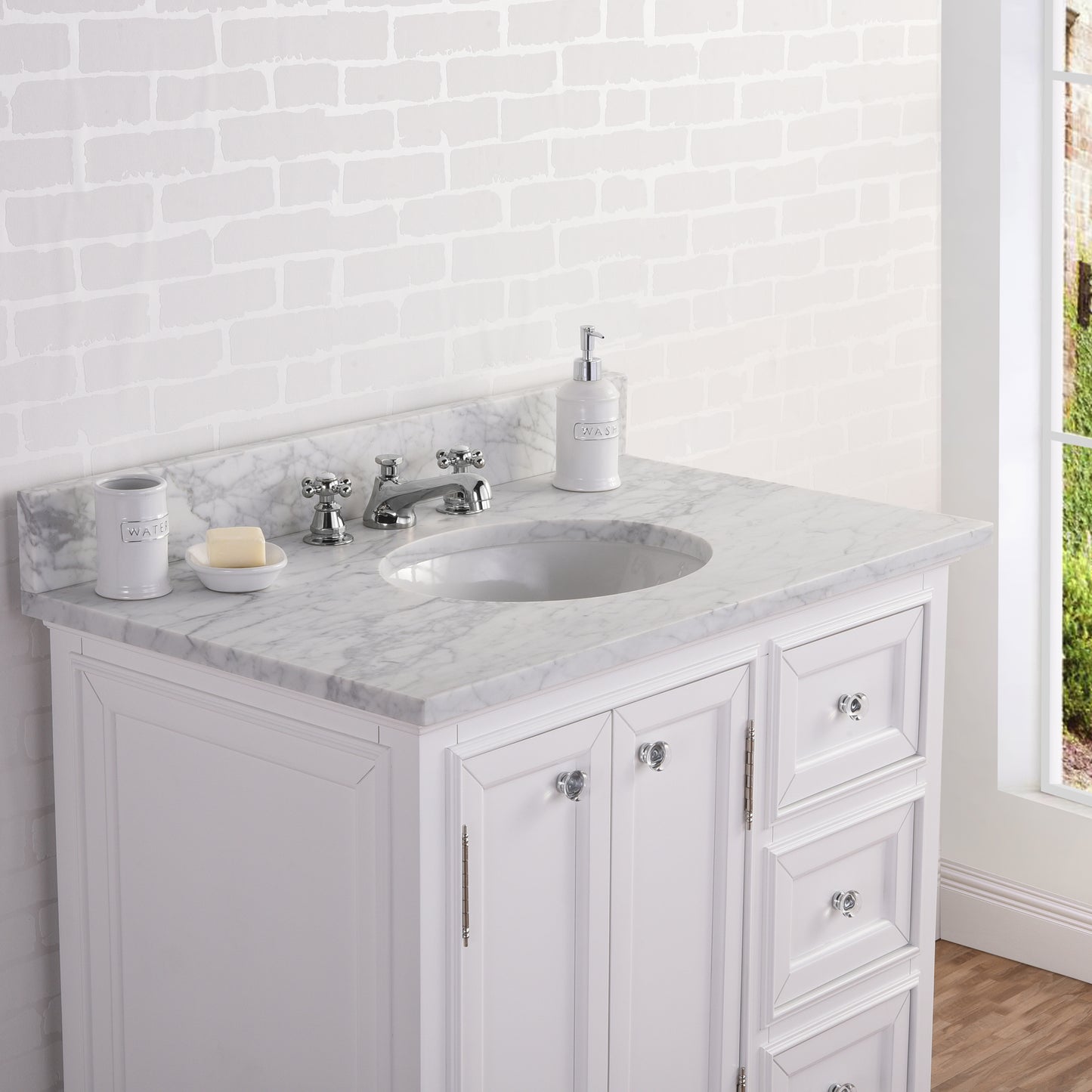 Water Creation 36 Inch Wide Single Sink Carrara Marble Bathroom Vanity With Matching Mirror And Faucet(s) From The Derby Collection - Luxe Bathroom Vanities