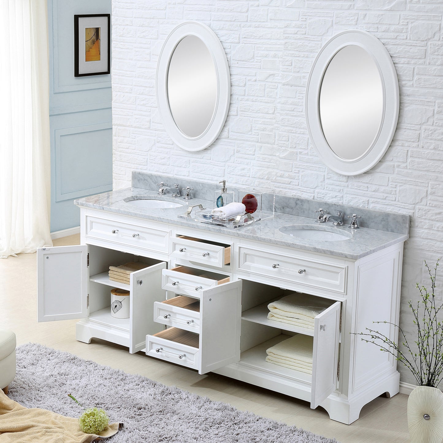 Water Creation 60 Inch Double Sink Bathroom Vanity With Matching Framed Mirrors And Faucets From The Derby Collection - Luxe Bathroom Vanities