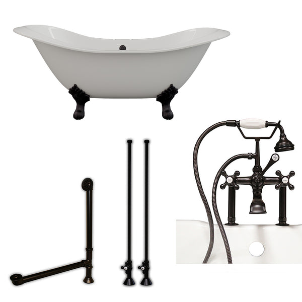 Cambridge Plumbing 71" X 30" Cast Iron Double Ended Slipper Tub Package with 7" Deck Mount Faucet Drillings - Luxe Bathroom Vanities