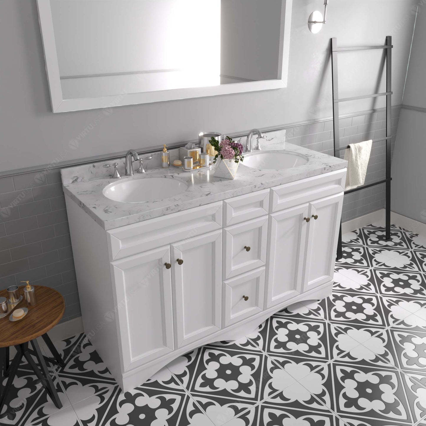 Virtu USA Talisa 60" Double Bath Vanity in White with White Quartz Top and Round Sinks with Matching Mirror - Luxe Bathroom Vanities