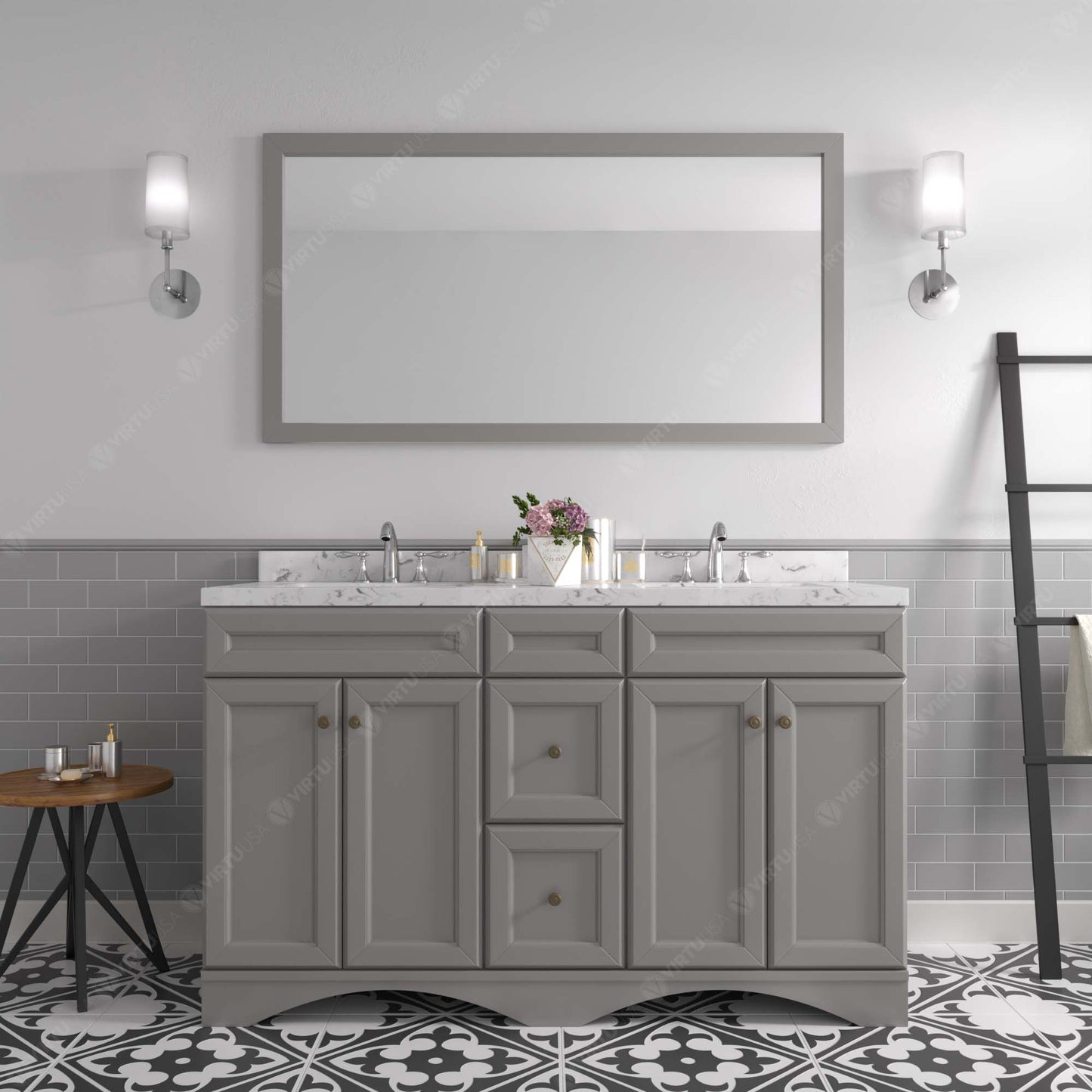 Virtu USA Talisa 60" Double Bath Vanity in White with White Quartz Top and Square Sinks with Matching Mirror - Luxe Bathroom Vanities