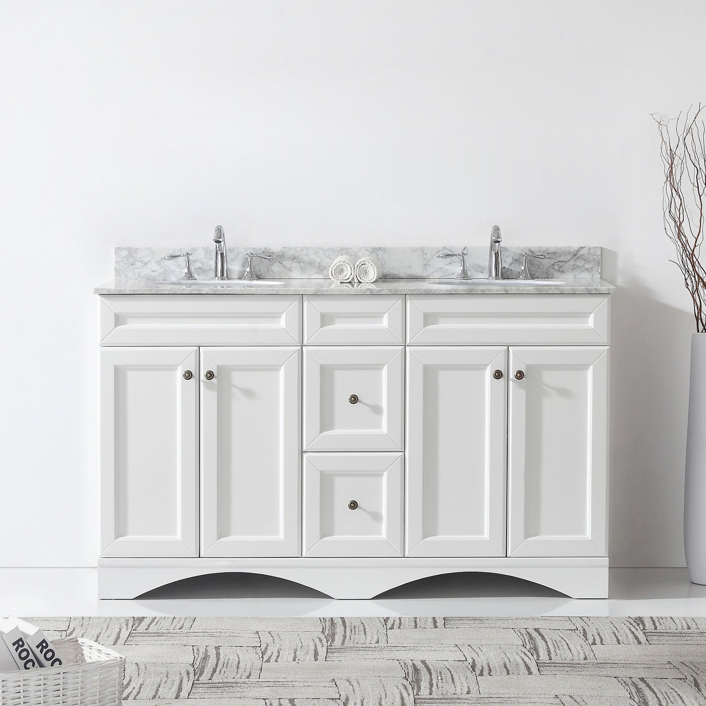Virtu USA Talisa 60" Double Bath Vanity in White with Marble Top and Round Sink with Brushed Nickel Faucet - Luxe Bathroom Vanities