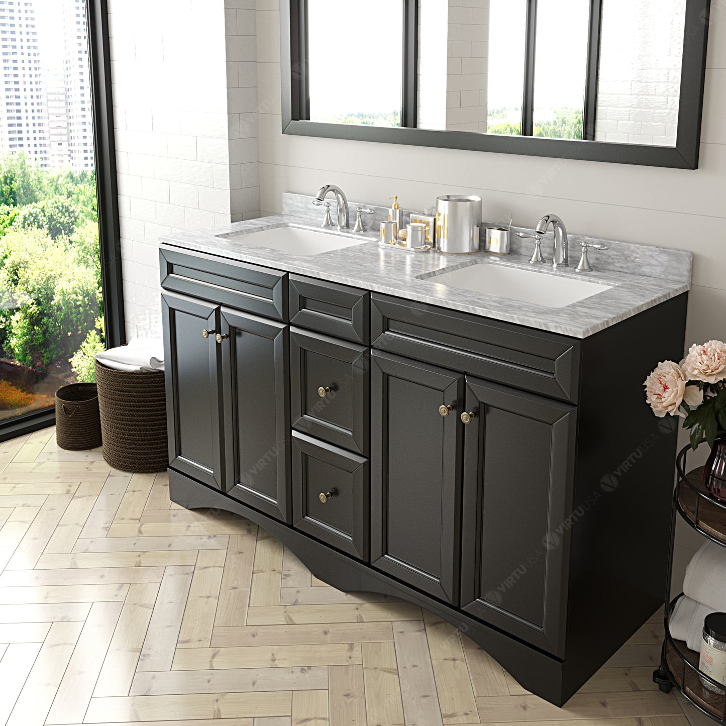 Virtu USA Talisa 60" Double Bath Vanity with Marble Top and Square Sink with Brushed Nickel Faucet and Mirror - Luxe Bathroom Vanities