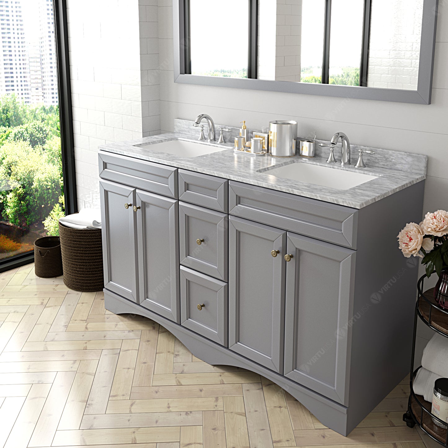 Virtu USA Talisa 60" Double Bath Vanity with Marble Top and Square Sink with Brushed Nickel Faucet and Mirror - Luxe Bathroom Vanities