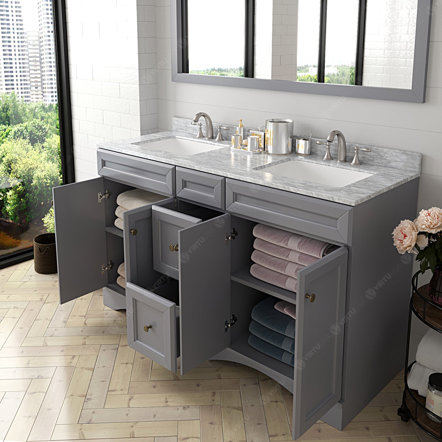Virtu USA Talisa 60" Double Bath Vanity with Marble Top and Square Sink with Brushed Nickel Faucet and Mirror - Luxe Bathroom Vanities