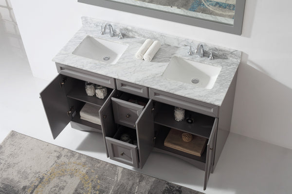 Virtu USA Talisa 60" Double Bath Vanity with Marble Top and Square Sink with Brushed Nickel Faucet and Mirror - Luxe Bathroom Vanities