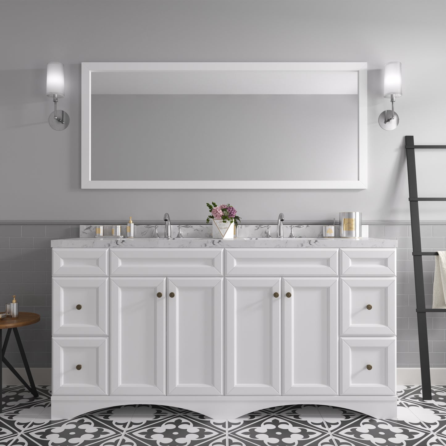 Virtu USA Talisa 72" Double Bath Vanity in White with White Quartz Top and Round Sinks with Polished Chrome Faucets with Matching Mirror - Luxe Bathroom Vanities