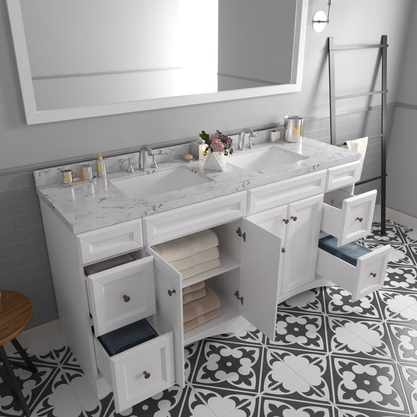 Virtu USA Talisa 72" Double Bath Vanity in White with White Quartz Top and Square Sinks with Polished Chrome Faucets with Matching Mirror - Luxe Bathroom Vanities
