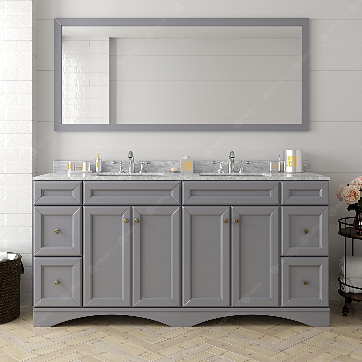 Virtu USA Talisa 72" Double Bath Vanity with Marble Top and Round Sink with Polished Chrome Faucet and Mirror - Luxe Bathroom Vanities