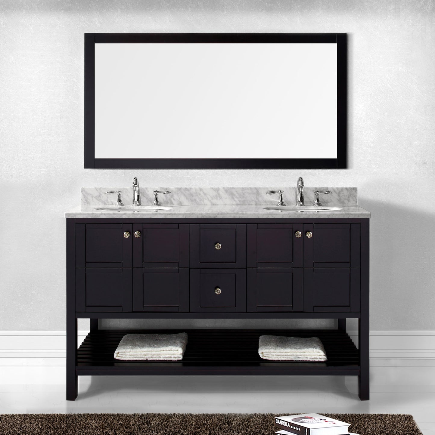 Virtu USA Winterfell 60" Double Bath Vanity with Marble Top and Round Sink with Polished Chrome Faucet - Luxe Bathroom Vanities Luxury Bathroom Fixtures Bathroom Furniture