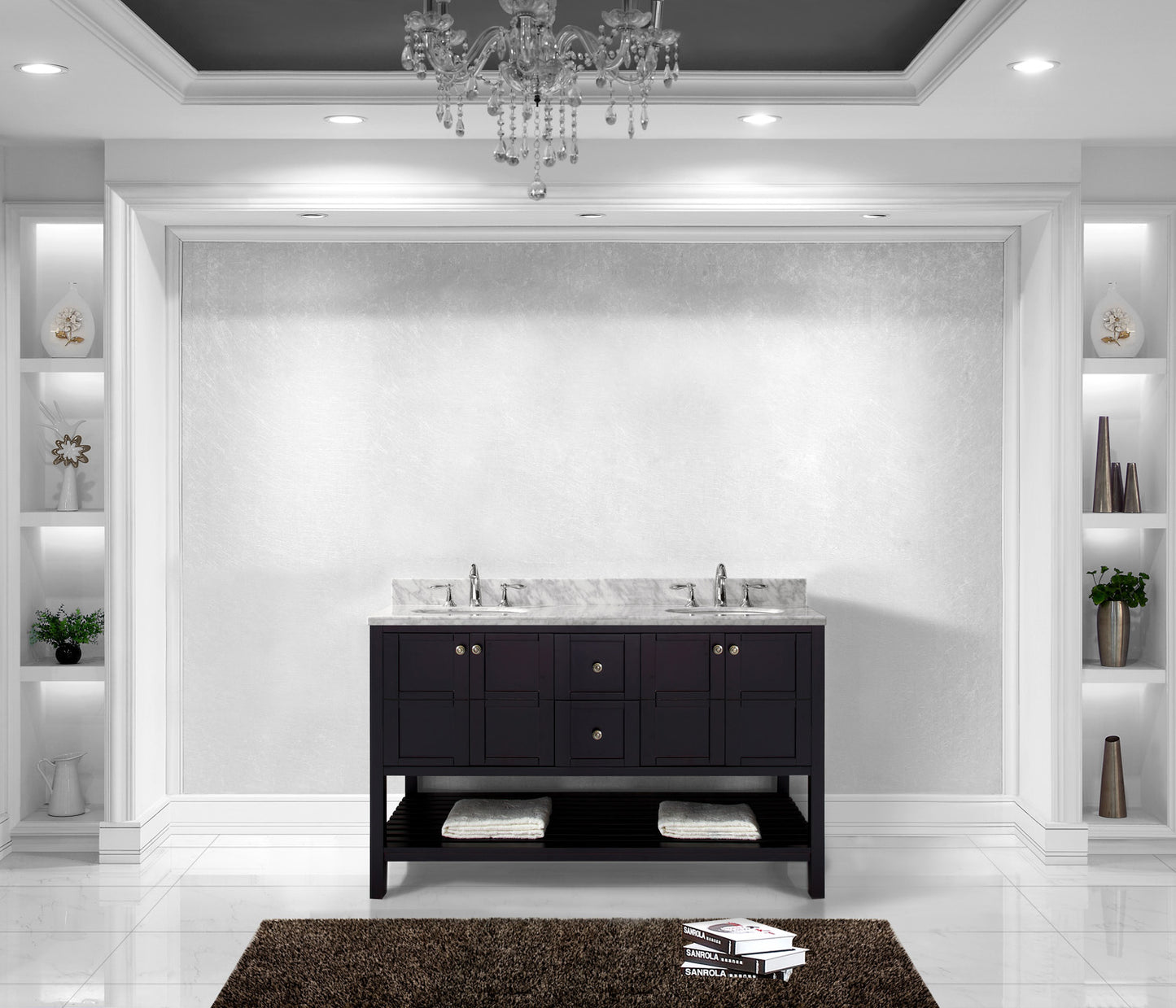 Virtu USA Winterfell 60" Double Bath Vanity with Marble Top and Round Sink with Brushed Nickel Faucet - Luxe Bathroom Vanities