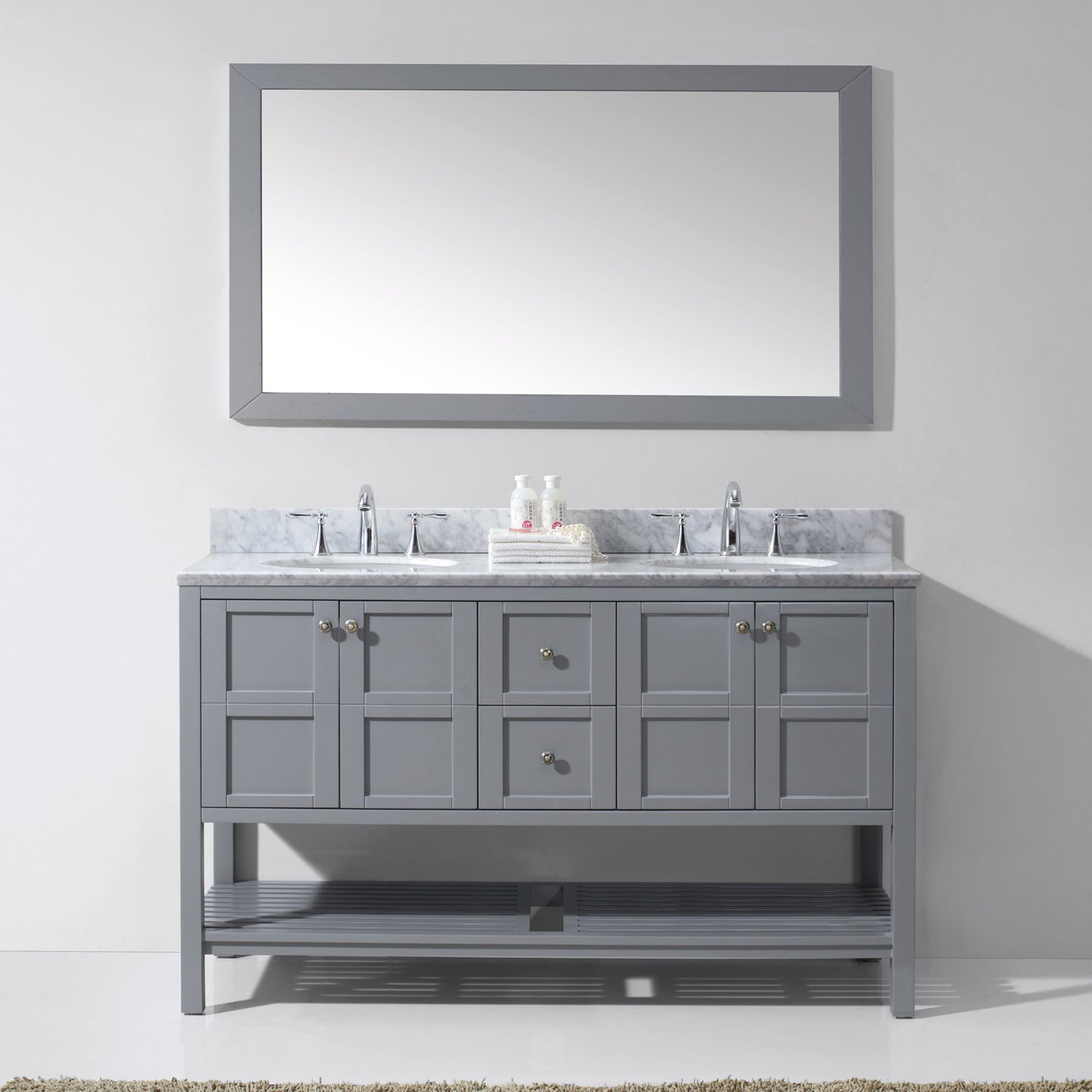 Virtu USA Winterfell 60" Double Bath Vanity with Marble Top and Round Sink with Brushed Nickel Faucet and Mirror - Luxe Bathroom Vanities Luxury Bathroom Fixtures Bathroom Furniture