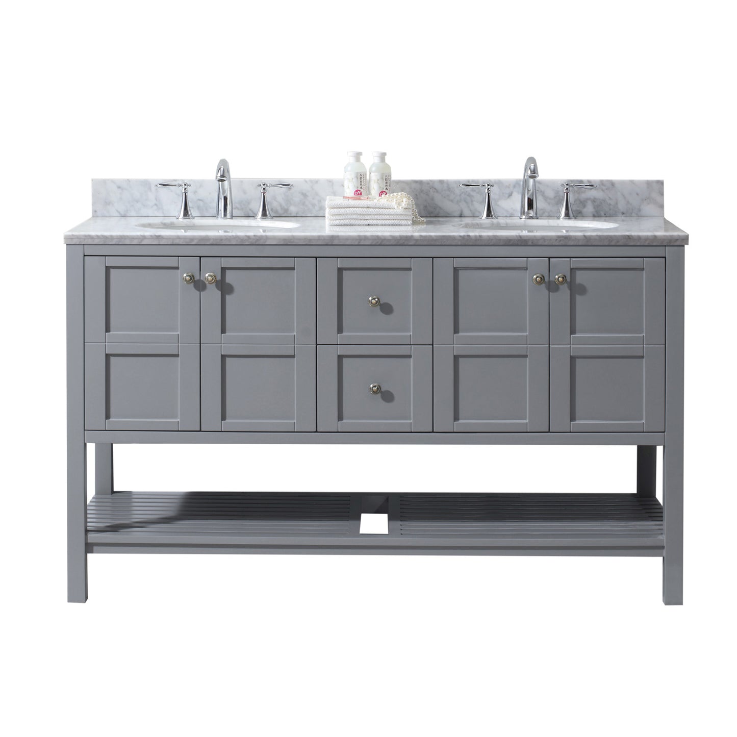 Virtu USA Winterfell 60" Double Bath Vanity with Marble Top and Round Sink with Polished Chrome Faucet - Luxe Bathroom Vanities Luxury Bathroom Fixtures Bathroom Furniture