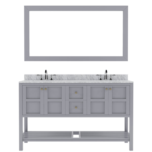 Virtu USA Winterfell 60" Double Bath Vanity with Marble Top and Round Sink with Brushed Nickel Faucet and Mirror - Luxe Bathroom Vanities
