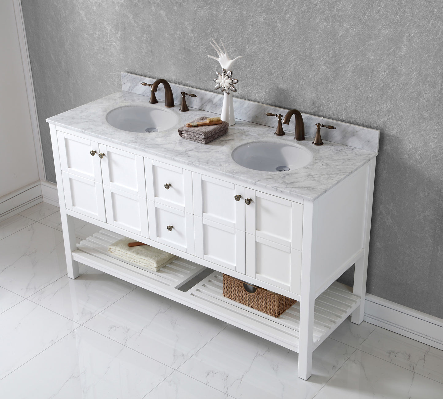 Virtu USA Winterfell 60" Double Bath Vanity with Marble Top and Round Sink with Polished Chrome Faucet - Luxe Bathroom Vanities Luxury Bathroom Fixtures Bathroom Furniture