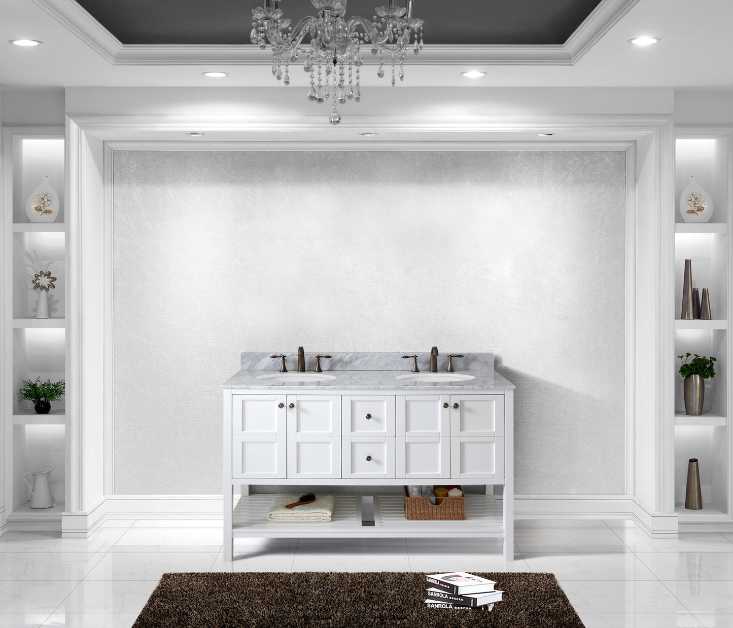 Virtu USA Winterfell 60" Double Bath Vanity in White with White Marble Top and Round Sinks with Brushed Nickel Faucets - Luxe Bathroom Vanities