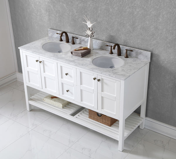 Virtu USA Winterfell 60" Double Bath Vanity in White with White Marble Top and Round Sinks with Brushed Nickel Faucets - Luxe Bathroom Vanities
