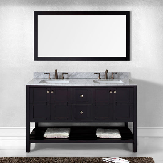 Virtu USA Winterfell 60" Double Bath Vanity with Marble Top and Square Sink with Brushed Nickel Faucet and Mirror - Luxe Bathroom Vanities