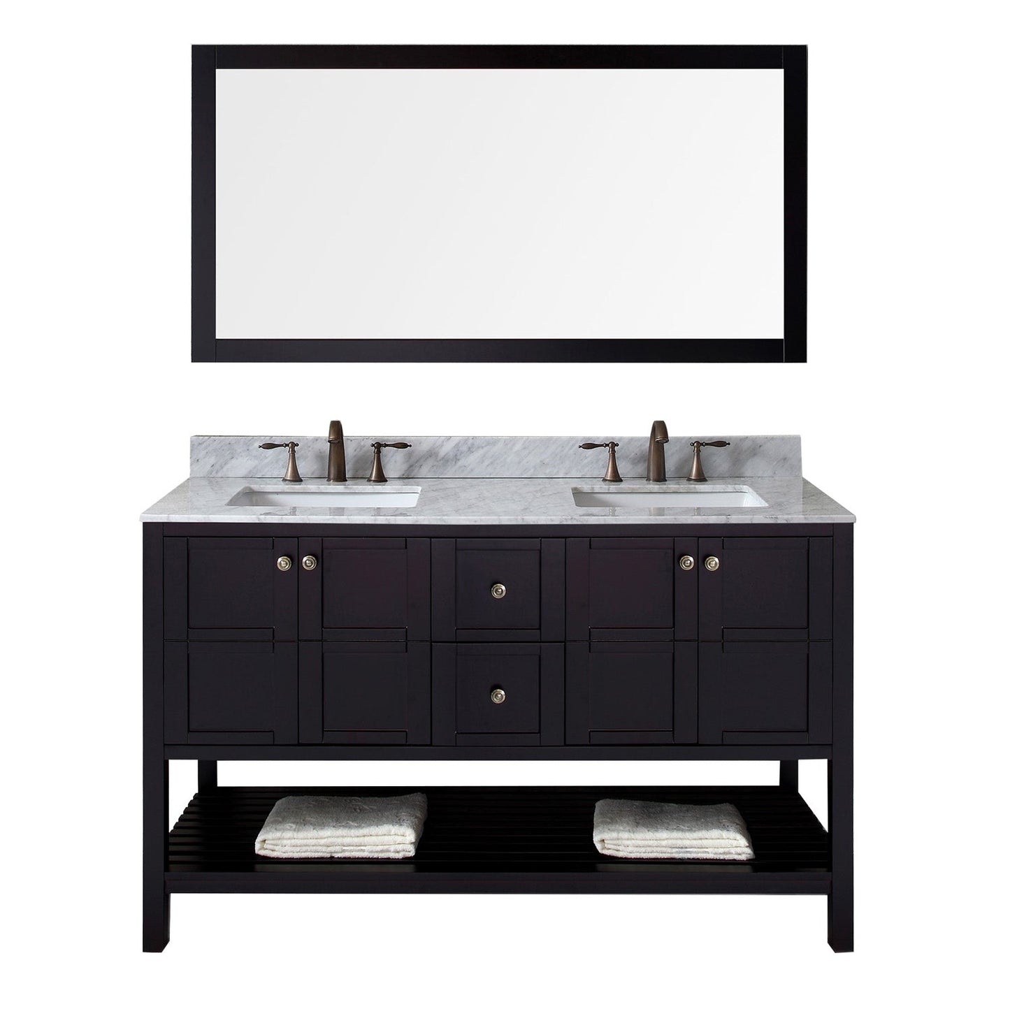 Virtu USA Winterfell 60" Double Bath Vanity with Marble Top and Square Sink with Brushed Nickel Faucet and Mirror - Luxe Bathroom Vanities