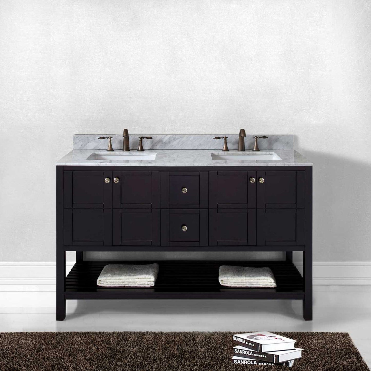 Virtu USA Winterfell 60" Double Bath Vanity with Marble Top and Square Sink with Polished Chrome Faucet - Luxe Bathroom Vanities