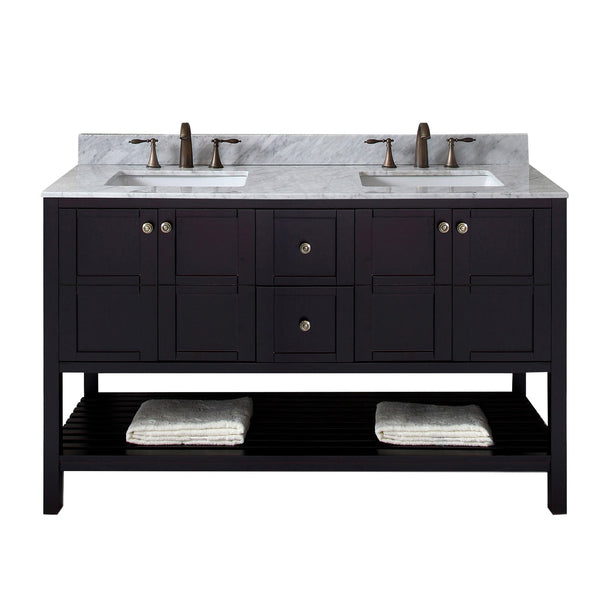 Virtu USA Winterfell 60" Double Bath Vanity with Marble Top and Square Sink with Polished Chrome Faucet - Luxe Bathroom Vanities