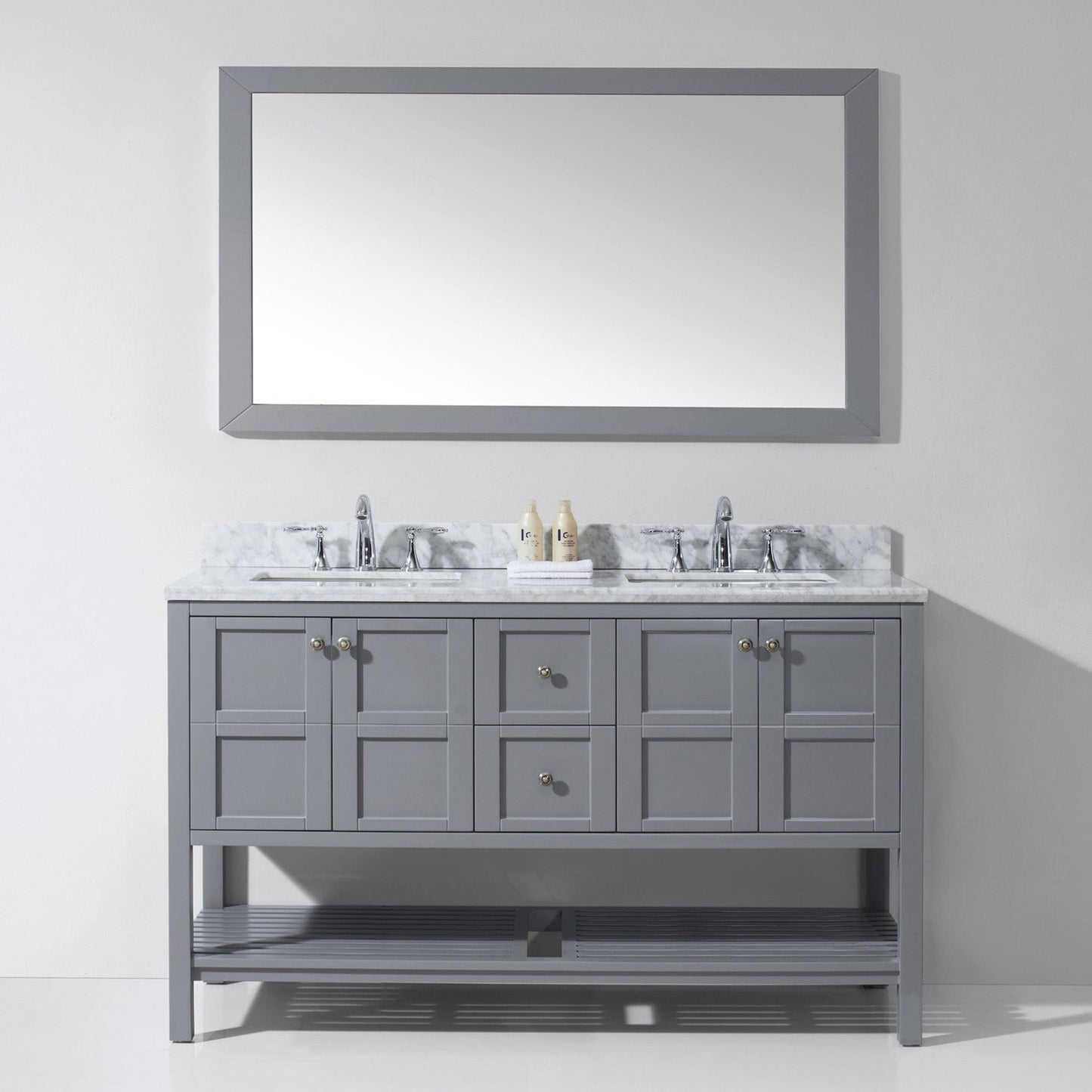 Virtu USA Winterfell 60" Double Bath Vanity with Marble Top and Square Sink with Brushed Nickel Faucet and Mirror - Luxe Bathroom Vanities