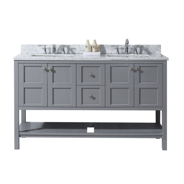 Virtu USA Winterfell 60" Double Bath Vanity with Marble Top and Square Sink with Brushed Nickel Faucet and Mirror - Luxe Bathroom Vanities