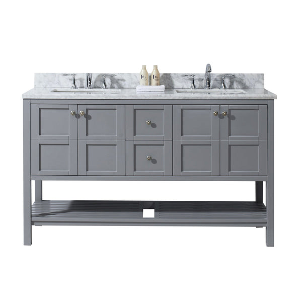 Virtu USA Winterfell 60" Double Bath Vanity with Marble Top and Square Sink with Polished Chrome Faucet and Mirror - Luxe Bathroom Vanities