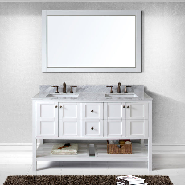 Virtu USA Winterfell 60" Double Bath Vanity in White with Marble Top and Square Sink with Brushed Nickel Faucet and Mirror - Luxe Bathroom Vanities Luxury Bathroom Fixtures Bathroom Furniture