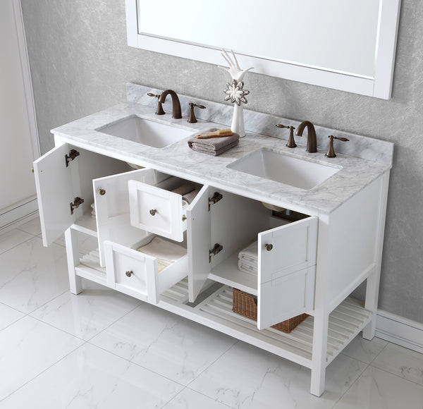 Virtu USA Winterfell 60" Double Bath Vanity in White with Marble Top and Square Sink with Brushed Nickel Faucet and Mirror - Luxe Bathroom Vanities Luxury Bathroom Fixtures Bathroom Furniture