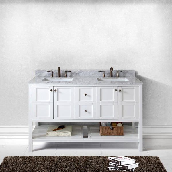 Virtu USA Winterfell 60" Double Bath Vanity in White with Marble Top and Square Sink with Brushed Nickel Faucet - Luxe Bathroom Vanities Luxury Bathroom Fixtures Bathroom Furniture