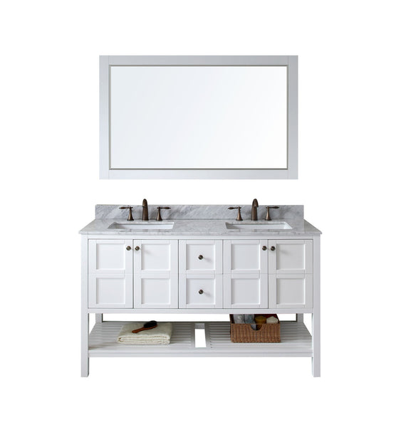Virtu USA Winterfell 60" Double Bath Vanity with Marble Top and Square Sink with Polished Chrome Faucet and Mirror - Luxe Bathroom Vanities