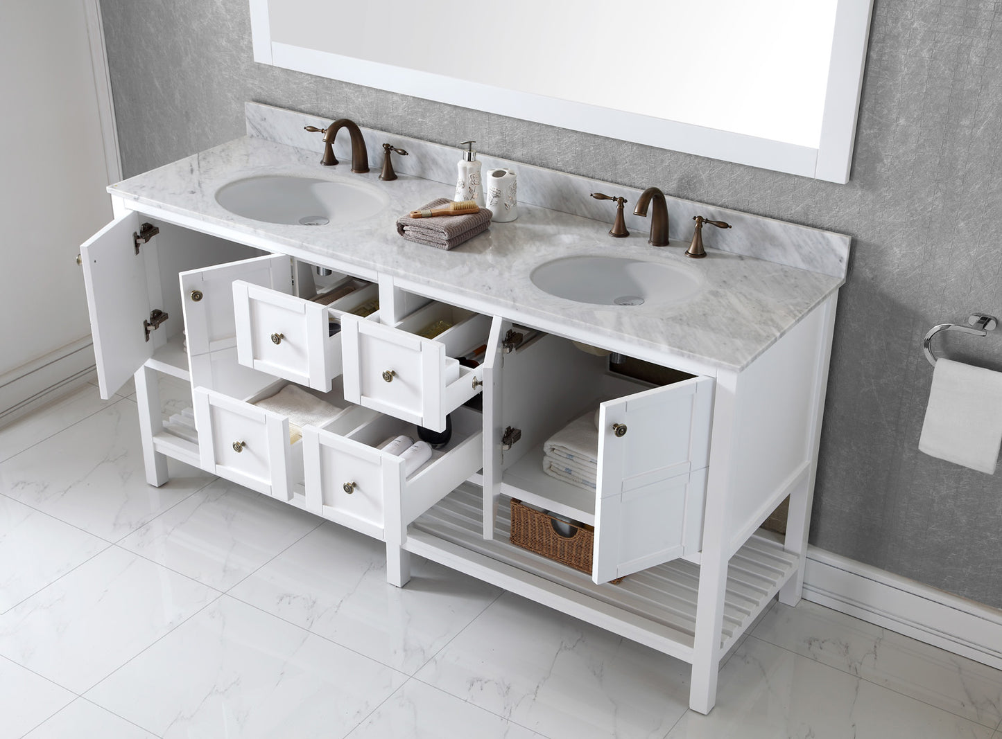 Virtu USA Winterfell 72" Double Bath Vanity with Marble Top and Round Sink with Mirror - Luxe Bathroom Vanities Luxury Bathroom Fixtures Bathroom Furniture