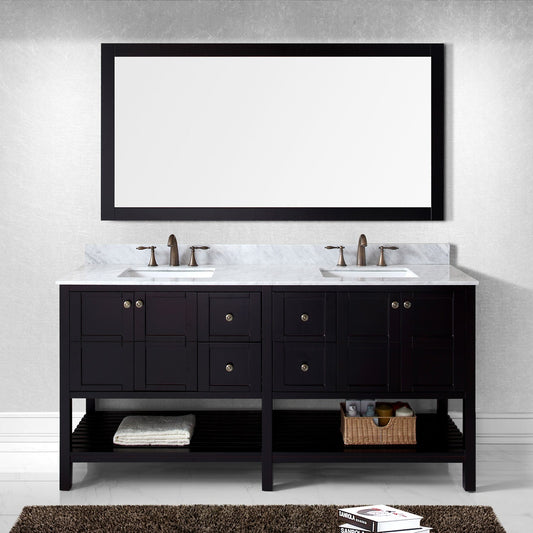 Virtu USA Winterfell 72" Double Bath Vanity with Marble Top and Square Sink with Brushed Nickel Faucet and Mirror - Luxe Bathroom Vanities