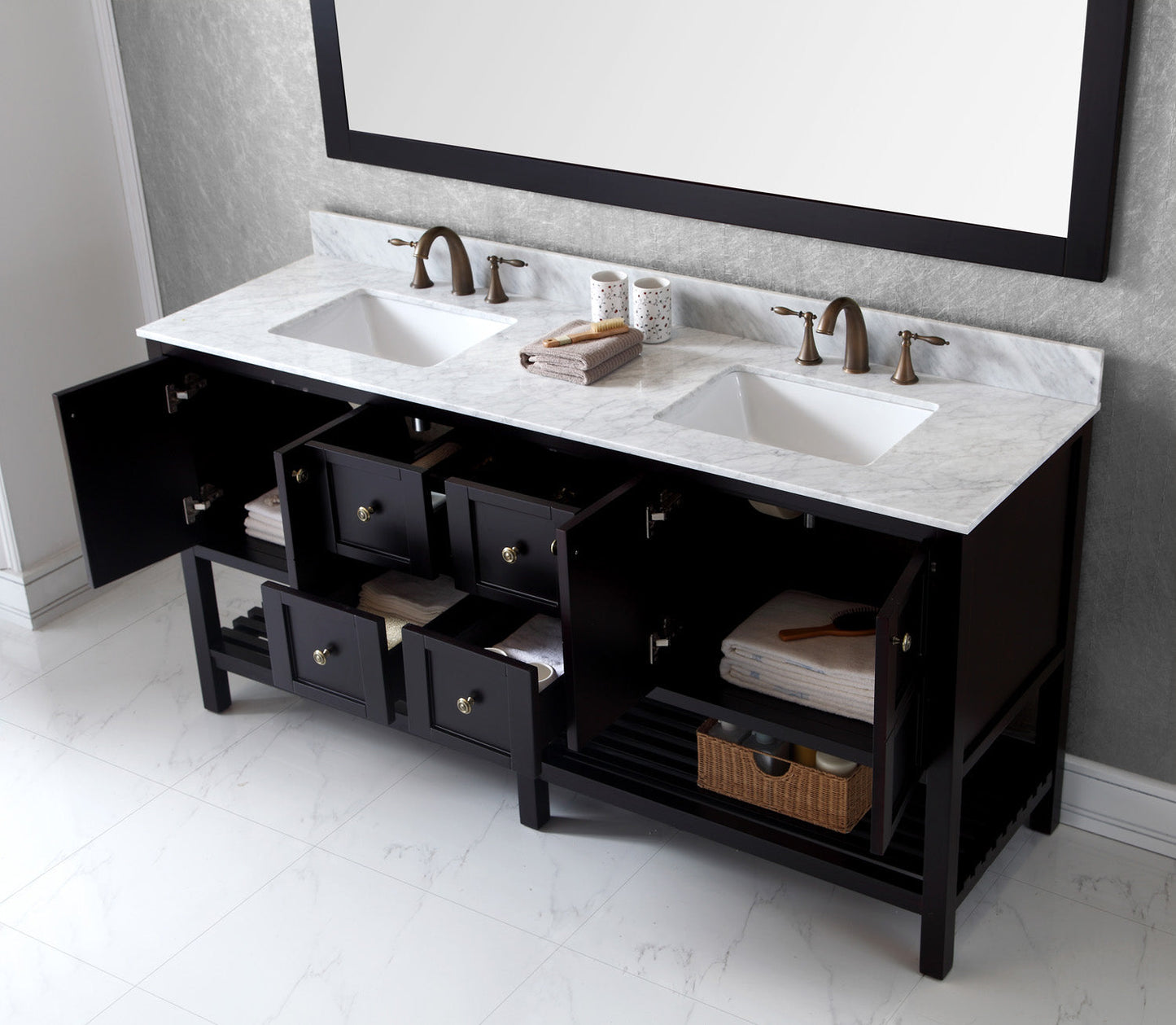 Virtu USA Winterfell 72" Double Bath Vanity with Marble Top and Square Sink with Brushed Nickel Faucet and Mirror - Luxe Bathroom Vanities