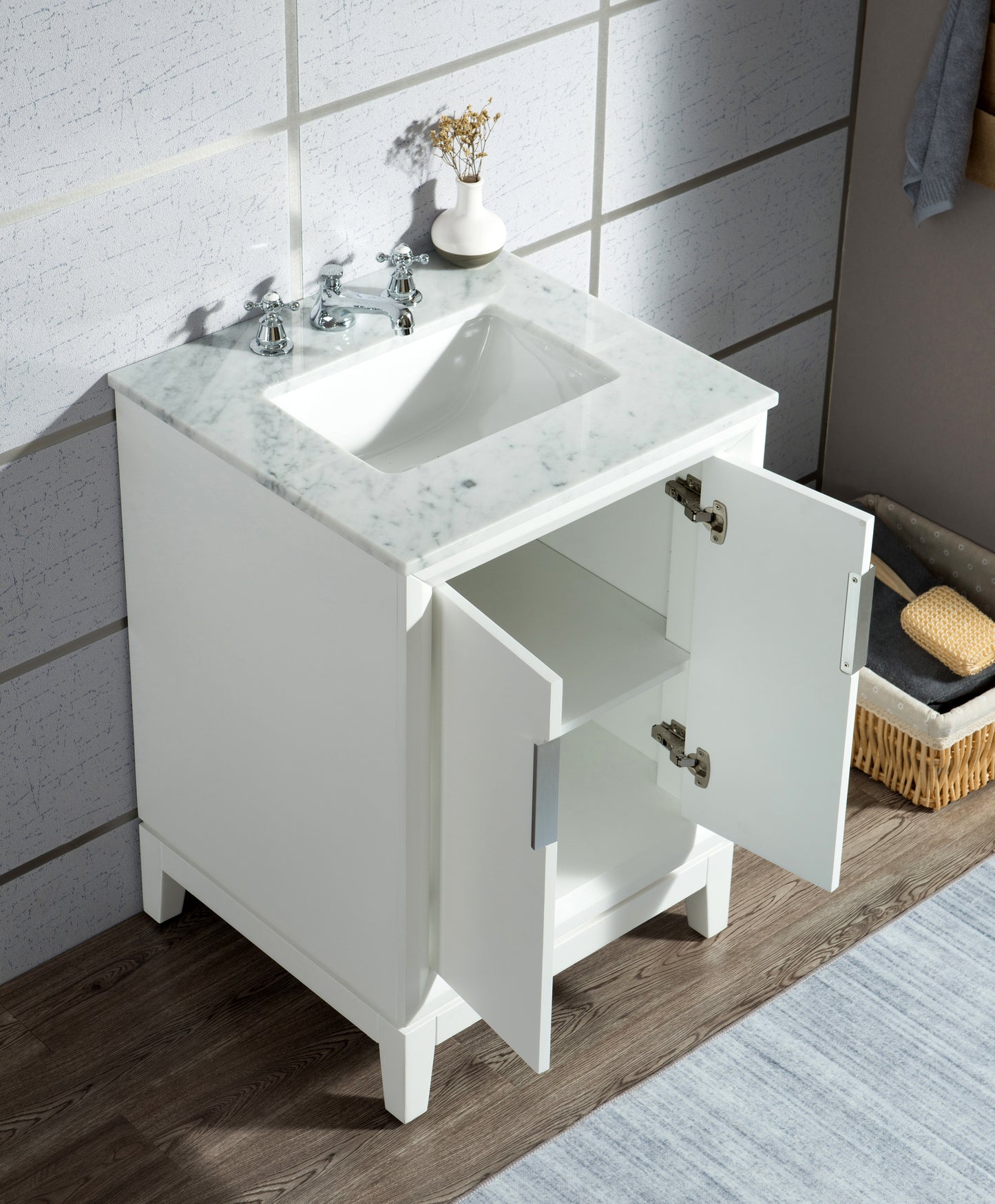 Water Creation Elizabeth 24" Inch Single Sink Carrara White Marble Vanity with Matching Mirrors and Lavatory Faucet - Luxe Bathroom Vanities