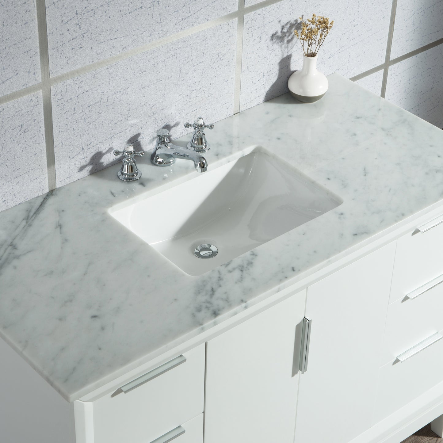 Water Creation Elizabeth 48" Inch Single Sink Carrara White Marble Vanity with Matching Mirror and Lavatory Faucet - Luxe Bathroom Vanities