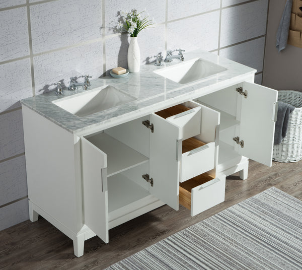 Water Creation Elizabeth 60" Inch Double Sink Carrara White Marble Vanity with Lavatory Faucet - Luxe Bathroom Vanities