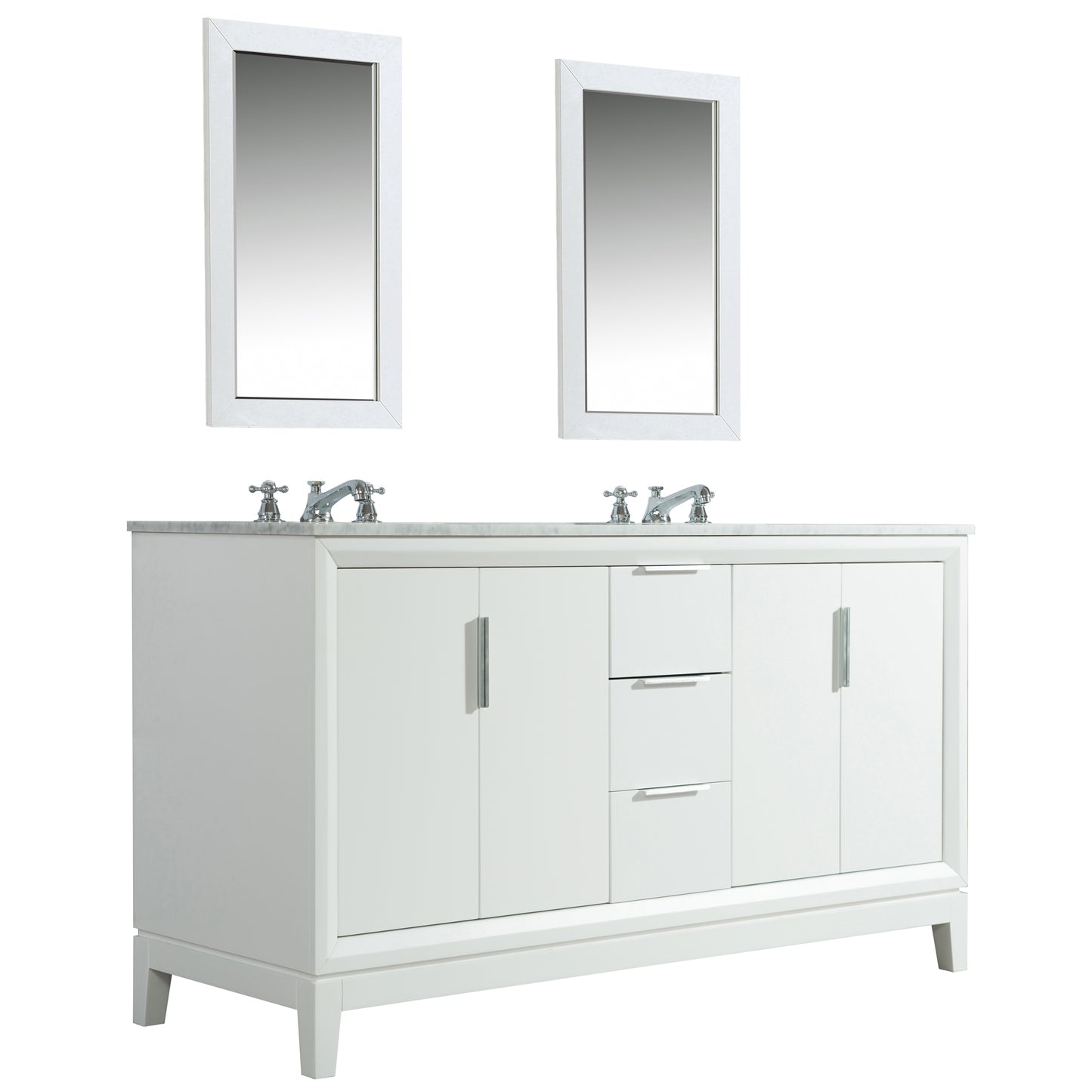 Water Creation Elizabeth 60" Inch Double Sink Carrara White Marble Vanity with Matching Mirror and Lavatory Faucet - Luxe Bathroom Vanities