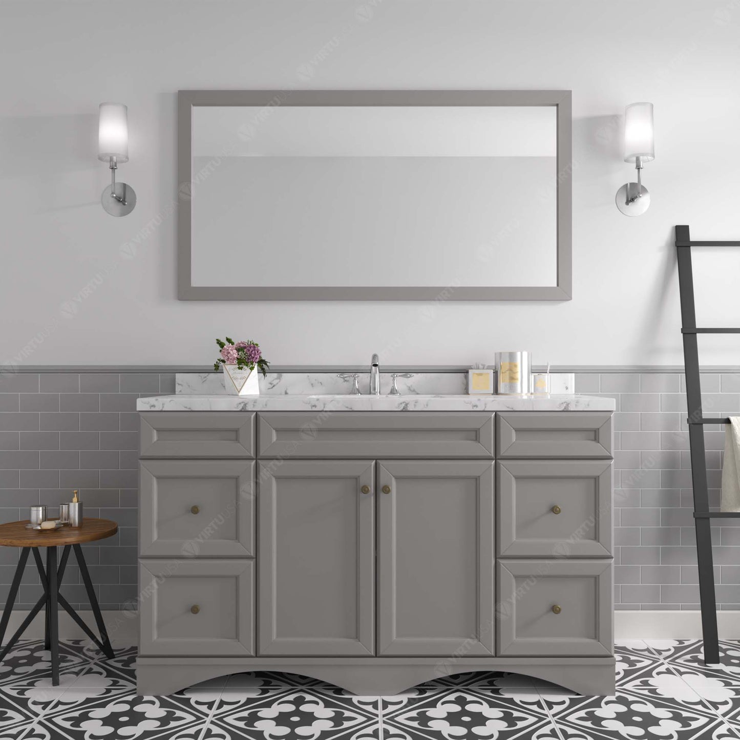 Virtu USA Talisa 60" Single Bath Vanity in White with White Quartz Top and Round Sink with Polished Chrome Faucet with Matching Mirror - Luxe Bathroom Vanities