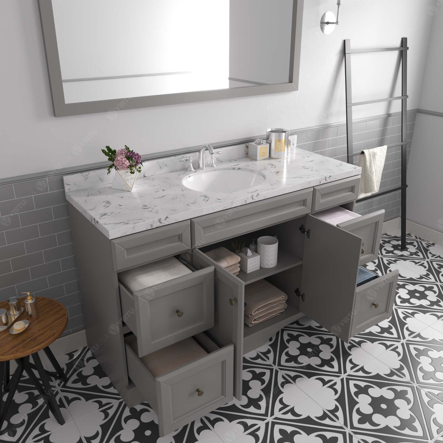 Virtu USA Talisa 60" Single Bath Vanity in White with White Quartz Top and Round Sink with Brushed Nickel Faucet with Matching Mirror - Luxe Bathroom Vanities