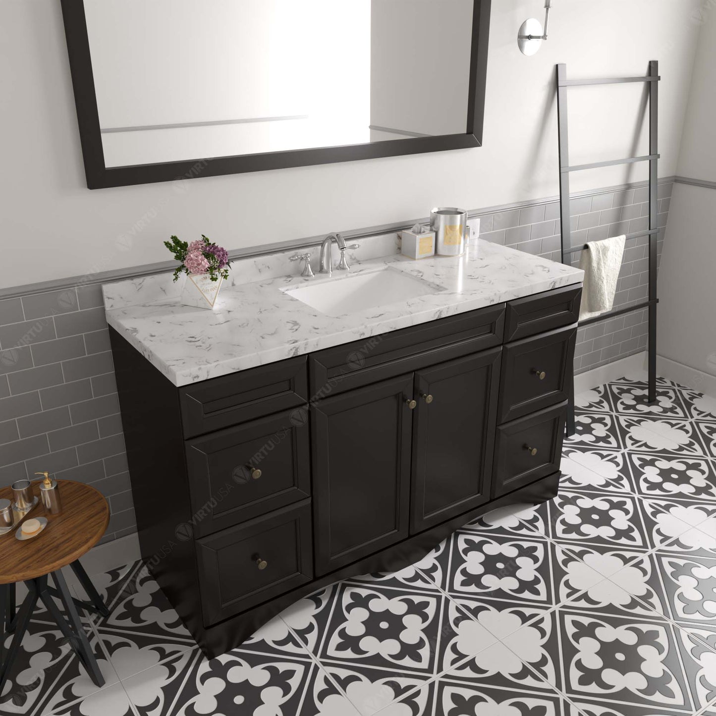 Virtu USA Talisa 60" Single Bath Vanity in White with White Quartz Top and Square Sink with Polished Chrome Faucet with Matching Mirror - Luxe Bathroom Vanities