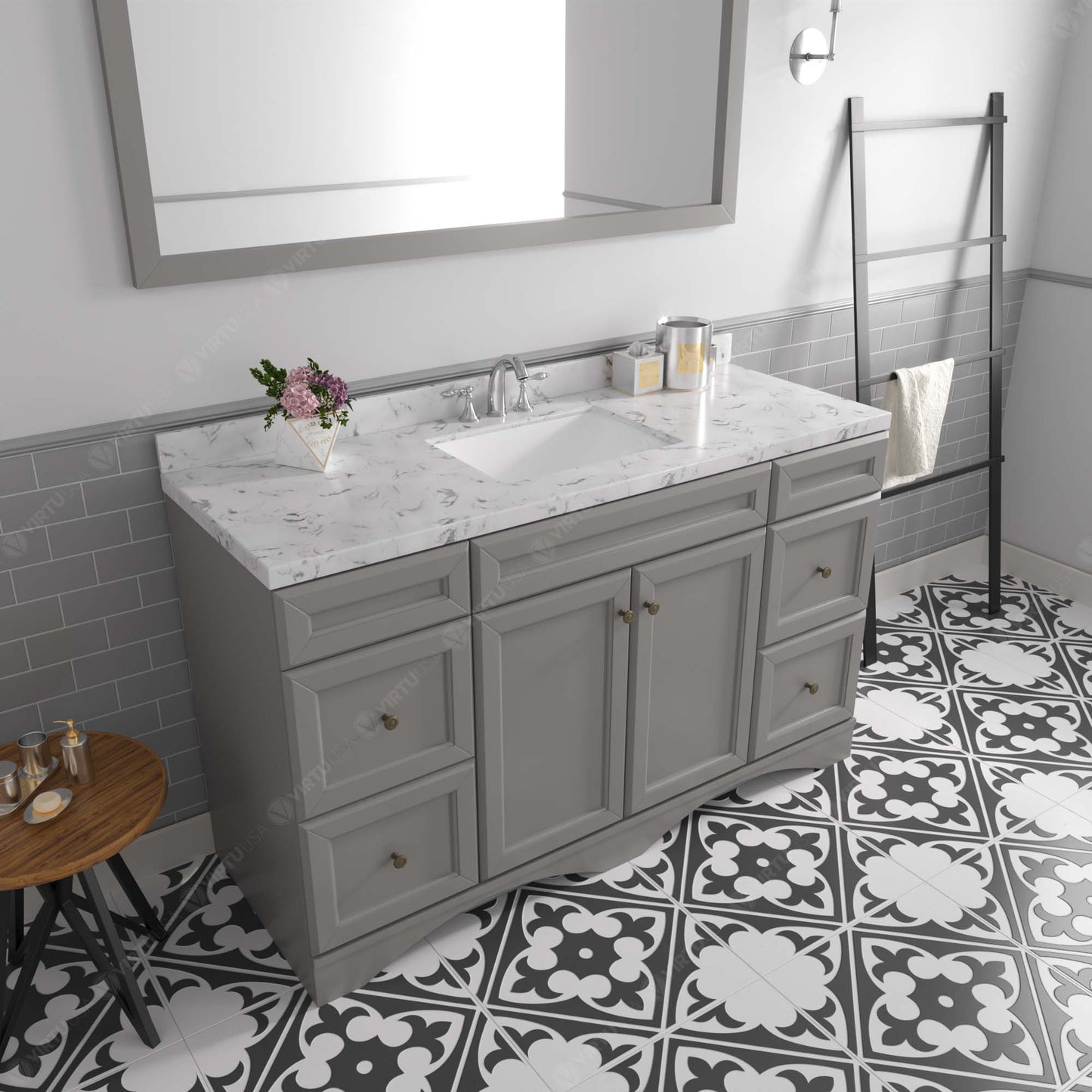 Virtu USA Talisa 60" Single Bath Vanity in White with White Quartz Top and Square Sink with Brushed Nickel Faucet with Matching Mirror - Luxe Bathroom Vanities