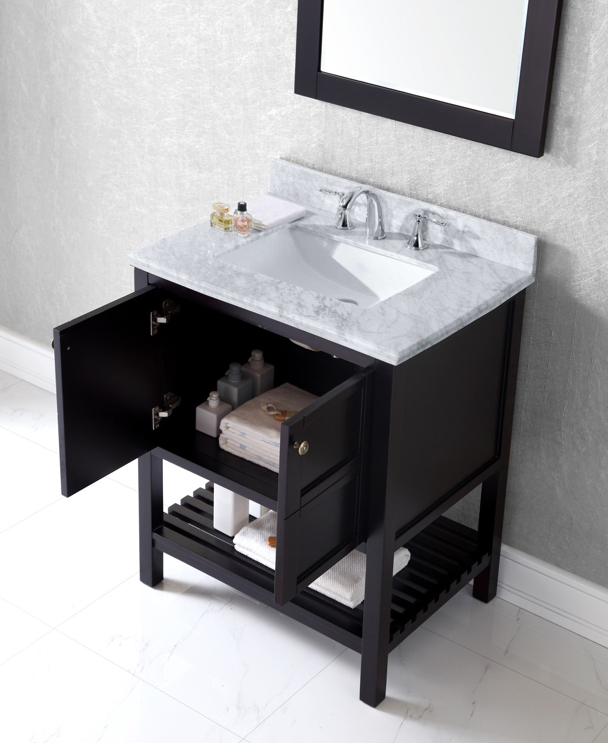 Virtu USA Winterfell 30" Single Bath Vanity with Marble Top and Square Sink with Brushed Nickel Faucet and Mirror - Luxe Bathroom Vanities Luxury Bathroom Fixtures Bathroom Furniture